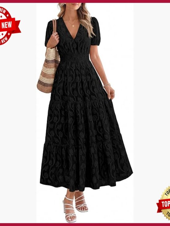 Dresses & Skirts - Boho Maxi Dress V-Neck Short Sleeve Elastic Waist Floral Long Casual